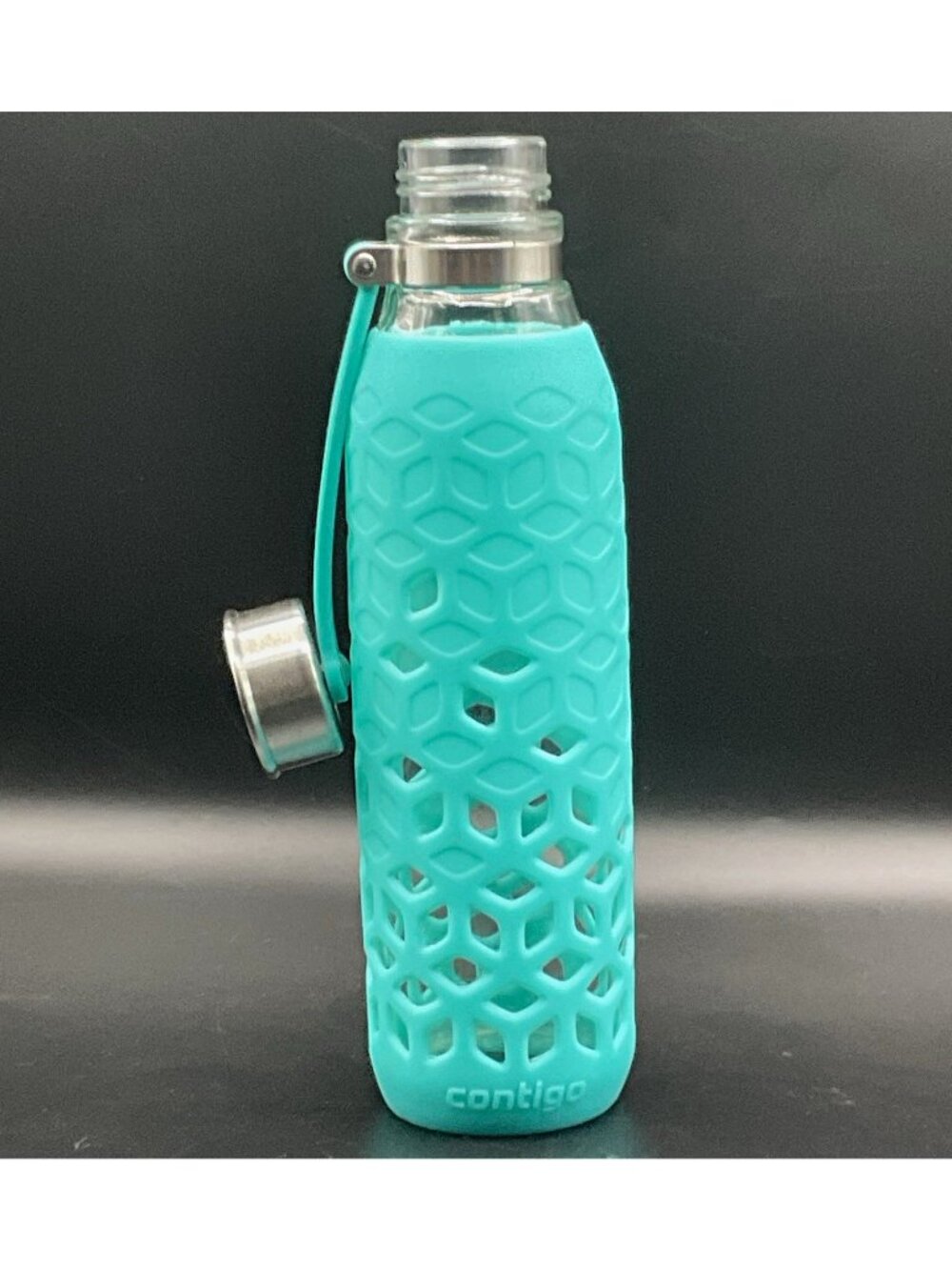 Contigo All Around 20oz Glass Water Bottle Teal Silicone Sleeve Screw-On Lid